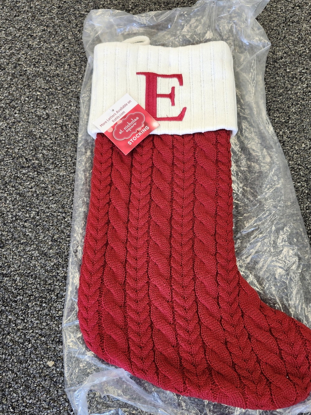 Deluxe Red Cable Knit Christmas Stocking with White Cuff - Monogram E